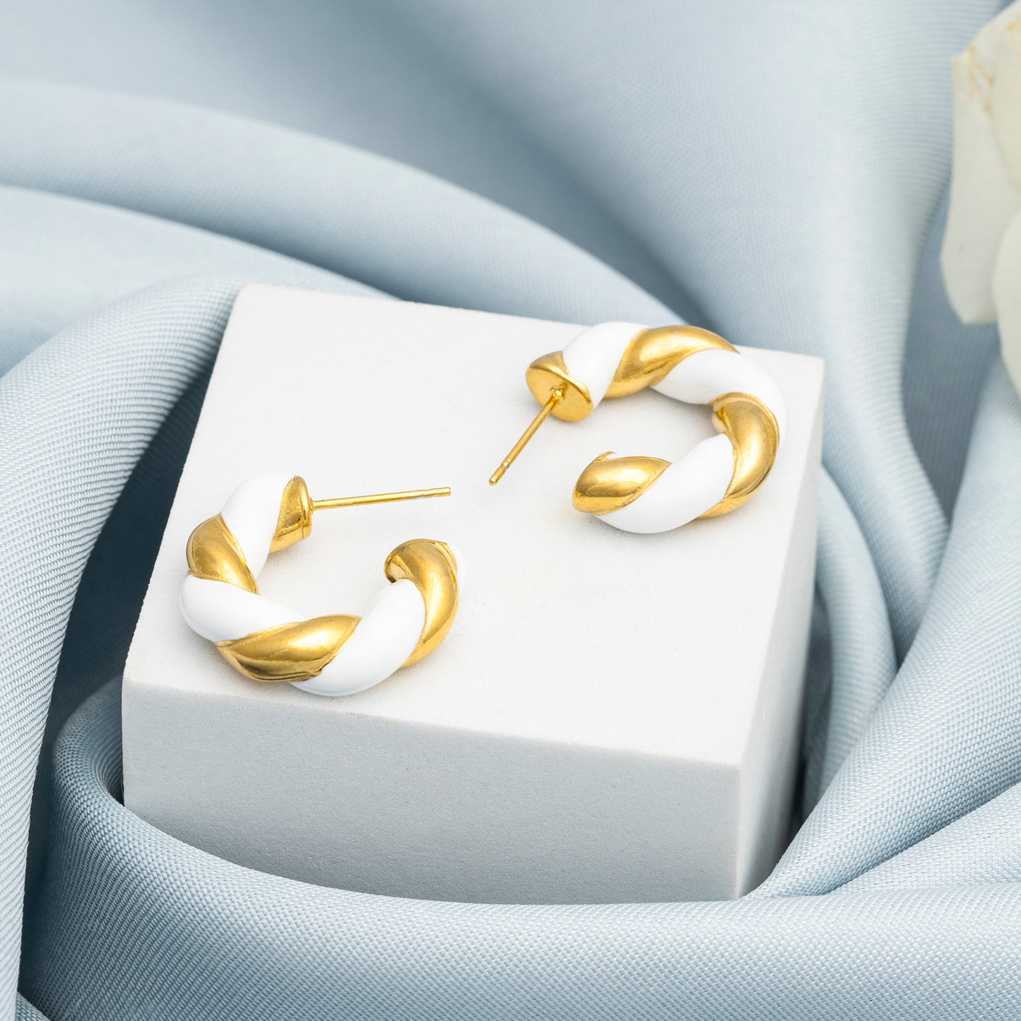 White and Golden Twisted Hoop Earrings