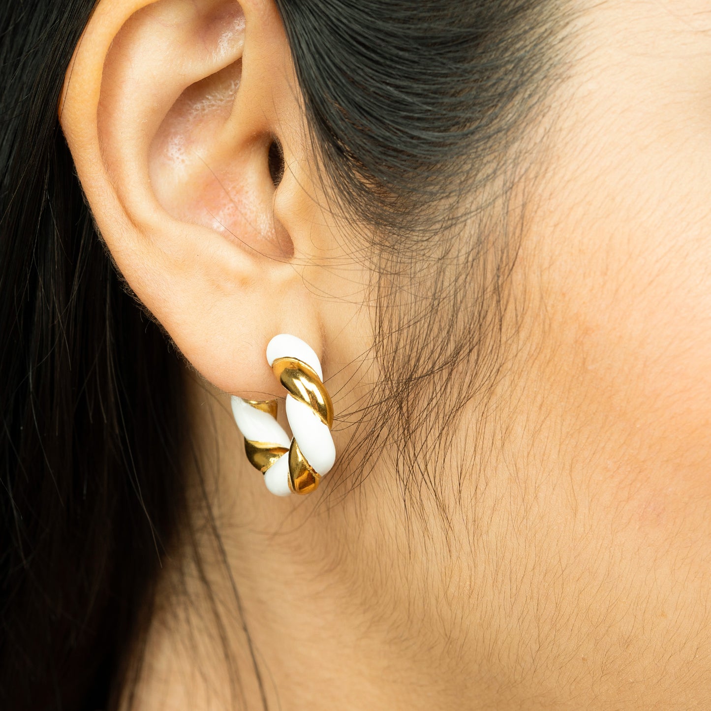 White and Golden Twisted Hoop Earrings
