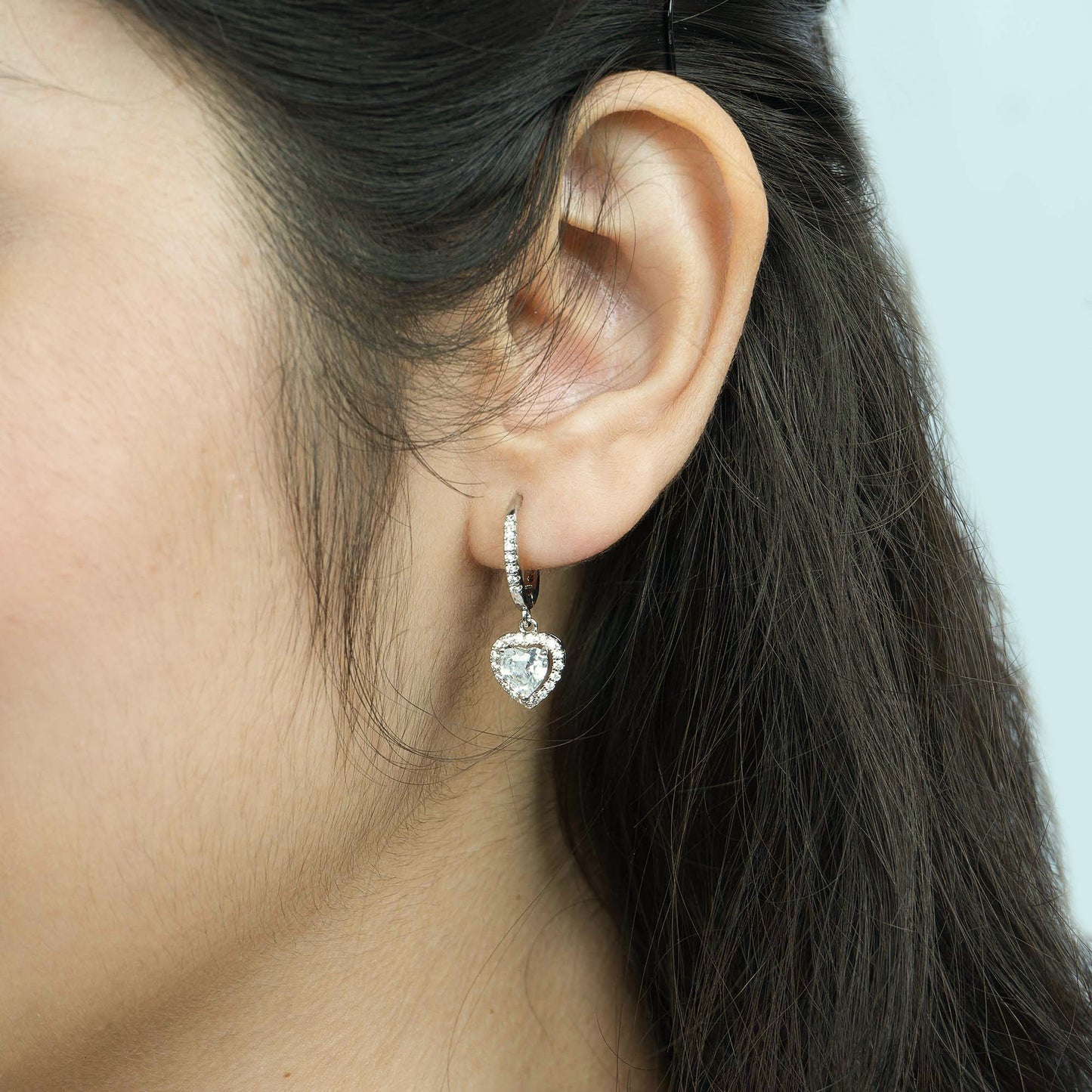 White Heart Drop Huggies Earrings