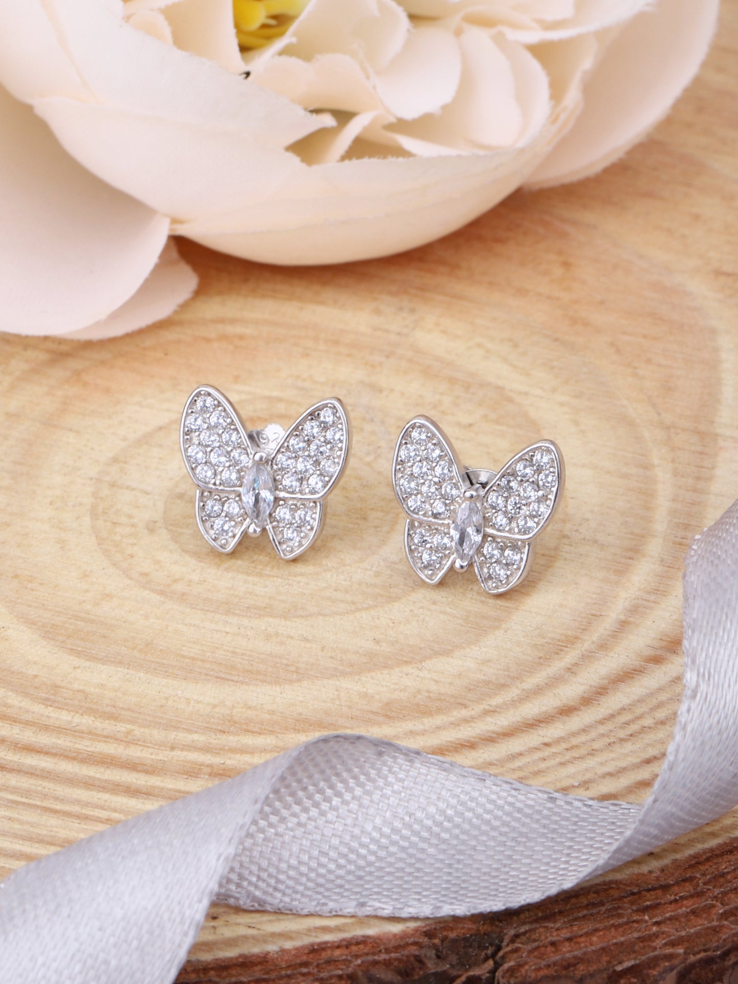 925 Sterling Silver CZ Butterfly Studs