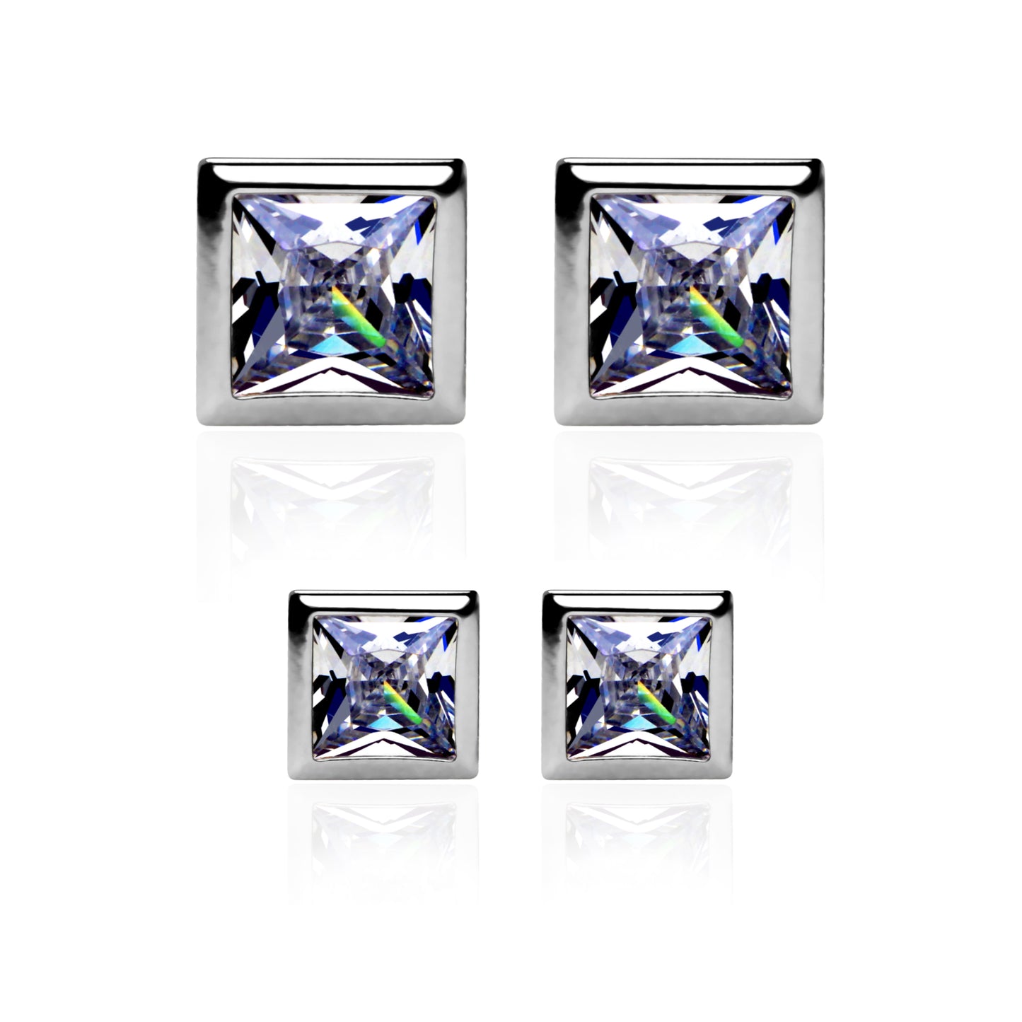 925 Sterling Silver Square Bezel Studs Combo 7mm and 5mm